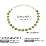 color: TXP611-Green Glass Stone Flower Gold Necklace -32+2cm