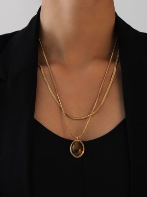 Tigereye Pendant Necklace Vintage Hong Kong Cold Oval Necklace