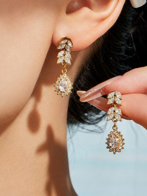 Handmade Inlaid Full Diamond Wheat Water Drop Zircon Bracelet Earrings Female Accessories Stainless Steel Jewelry Set
