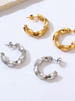 INS Earrings Stainless Steel Twist Geometric Earrings 18K Gold Irregular C- Shaped Earrings Waterproof