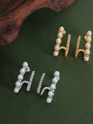 Commuter Personality Affordable Luxury Inlaid Highlight Imitation Pearl Czech Diamond Double-Layer Design Stainless Steel Earrings