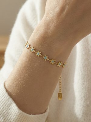 French Style Fresh Blue Oil Dripping Small Flower Stitching Bracelet Plated 18K Real Gold Sweet Elegance Stainless Steel Jewelry