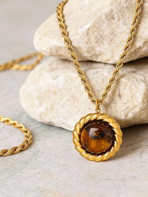Natural Tigereye Hemp Flowers Chain Stainless Steel Necklace PVD 18K Gold Plated Clavicle Chain Women's Advanced