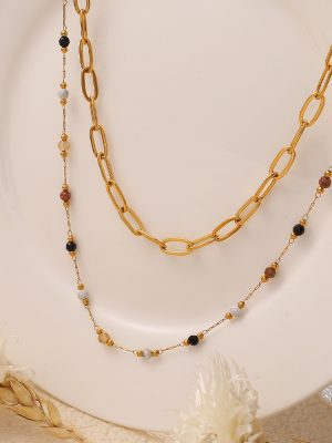 Simple All-Match Stainless Steel Natural Stone Necklace Twin 18K Gold Plating Women
