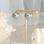 Hong Kong Style Exaggerated Design Personality Imitation Pearl White Gray Tassel Earrings Gold-Plated Chain Steel Ball Pendant Ear Rings
