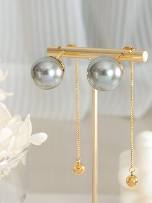 Hong Kong Style Exaggerated Design Personality Imitation Pearl White Gray Tassel Earrings Gold-Plated Chain Steel Ball Pendant Ear Rings