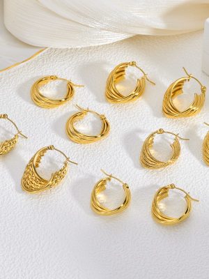 Retro-line stainless steel earrings, light luxury gold unique no color fading ear ornaments for women, geometric style.