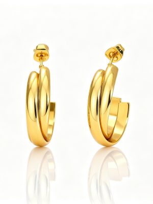 Geometric C- shaped double-layer polished stainless steel earrings, light luxury high-end gold three-layer twin fine circle ear accessories.