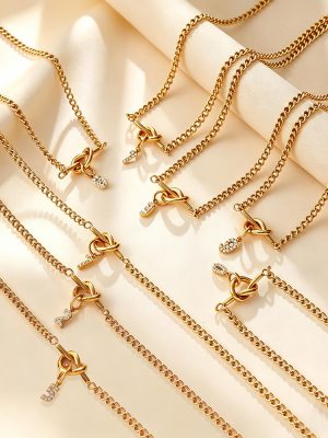 Light Luxury Inlaid Zircon Digital Pendant Knotted Necklace Stainless Steel 18K Gold Plating Clavicle Chain
