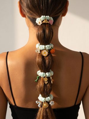 Vigorous Girl DIY Sunflower Multi-Element Pendant Mint Green Fresh Pleated Elastic Hair Ring