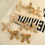 Sweet Retro New Accessories Stainless Steel Plated 18K Dold Pearl Zircon Bow Stud Earrings
