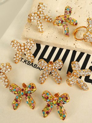 Sweet Retro New Accessories Stainless Steel Plated 18K Dold Pearl Zircon Bow Stud Earrings
