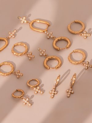 Classic Simple Cross Micro Zircon-Inlaid Pendant Ear Clip U-Shaped Glossy PVD Gold Plated Color Retention Ear Clip