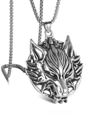 Round Brand Wolf Head Geometric Cross Necklace Stainless Steel Retro Pendant Ornaments