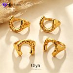 Vintage Engraving Horseshoe Shape Ring Stainless Steel 18K Gold Plating U-Shaped Embossed Pattern