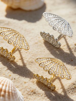 Fan Shell Full Diamond Open Stainless Steel Ring Plated 18K Real Gold Little Finger Ring Small Sugar Cube