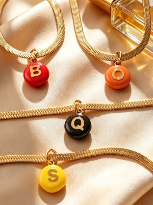 Colorful round Brand 26 English Letters Pendant Flat Snake Bones Chain Bracelet Plated 18K Gold Bracelet