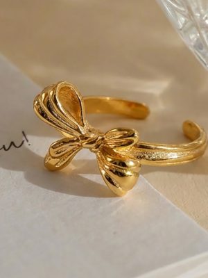 Stainless Steel Bow Opening Little Finger Ring 18K Gold Plating Ins Elegant Ring Does Not Fade Ornament