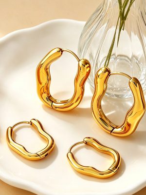 Retro Hong Kong Geometric Glossy Twisted Irregular Wave Earrings Stainless Steel Plated 18K Kim Tong Duty Earrings