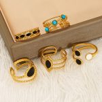 Geometric open-ended stainless steel ring for women, high-end gold-tone turquoise ring.