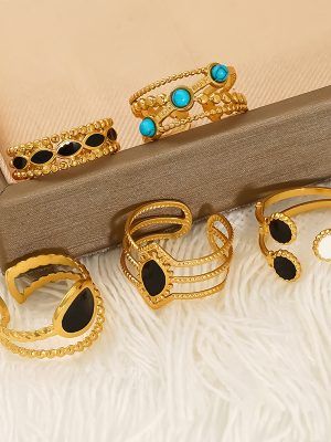 Geometric open-ended stainless steel ring for women, high-end gold-tone turquoise ring.
