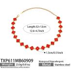 color: TXP611-Red Glass Stone Flower Gold Necklace -32+2cm
