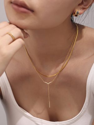 Ornament Stainless Steel V-Shaped Tassel Long Inlaid Zircon Clavicle Necklace Women's Bracelet Set