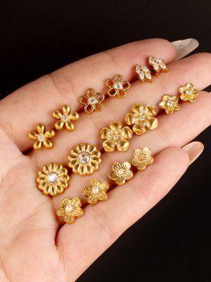 Golden Flower Stainless Steel Studs Zircon Inlaid Simple Earrings Women's All-Match Auricular Needle Ornament