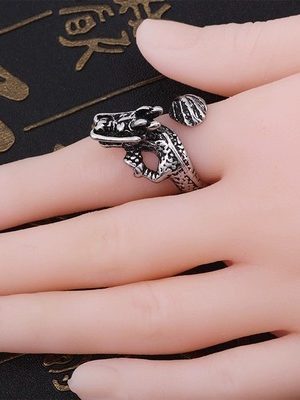 Retro Antique Silver Ring Men's Blue Dragon Faucet Ring Power Style Personalized China Jewelry Crafts Dragon