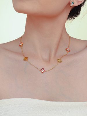 Oil Dripping Four-Leaf Flower Zircon Full Diamond Bracelet Necklace Design Girls Girlfriends Stainless Steel Suit