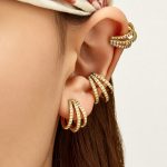 Three-Layer Dense Inlaid Zircon C- Shaped Earrings Stainless Steel Non-Fading Cold Light Luxury Ear Clip Jewelry Women