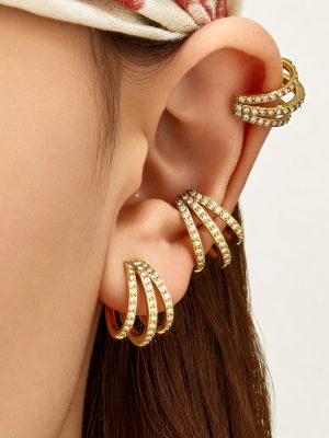 Three-Layer Dense Inlaid Zircon C- Shaped Earrings Stainless Steel Non-Fading Cold Light Luxury Ear Clip Jewelry Women