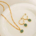 French Natural Green Aventurine Pendant Ethnic Stainless Steel Vintage Elegant Necklace All-Match Earrings Jewelry Ornament