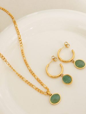 French Natural Green Aventurine Pendant Ethnic Stainless Steel Vintage Elegant Necklace All-Match Earrings Jewelry Ornament