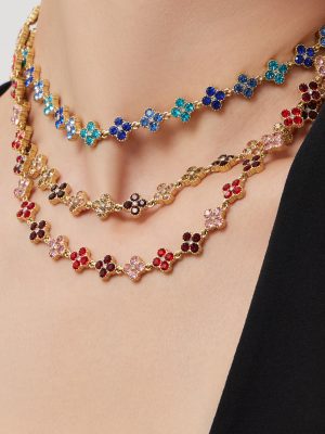 Dopamine Flash Four-Petal Flower Handmade Rhinestone Bracelet Earrings Ring Necklace Exquisite Luxury Suit