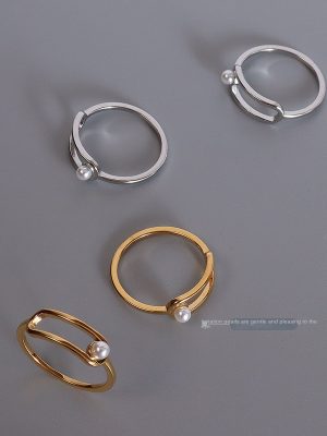 Korean Style Stainless Steel Gold Plated Non-Fading Personality Geometry round Ring Versatile Imitation Pearl Ring