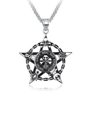 Stainless Steel Ornament Punk Five-Pointed Star Skull Masonic Boutique Pendant Necklace for Men