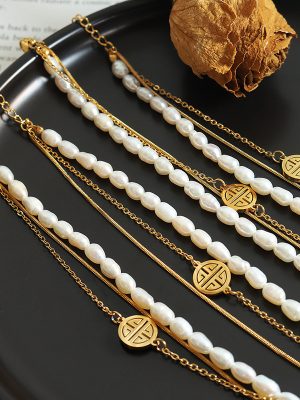 Light Luxury Personality Three-Layer Twin Stainless Steel Hand Jewelry Natural Freshwater Pearl Blessing Card Bracelet All-Matching Female