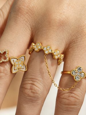 Tassel Four-Leaf Flower Inlaid Natural Fritillary Zircon Stainless Steel Ornament Light Luxury Ring for Women