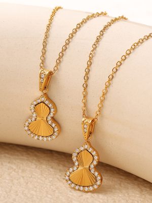 Light Luxury Bright Zircon Full Diamond Stainless Steel Pendant Gourd Necklace Batch Flower Design Clavicle Chain Female
