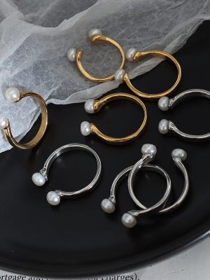 Baroque Natural Freshwater Pearl Inlaid Ring Personality U-Shaped Opening Design Gold Plated Little Finger Ring