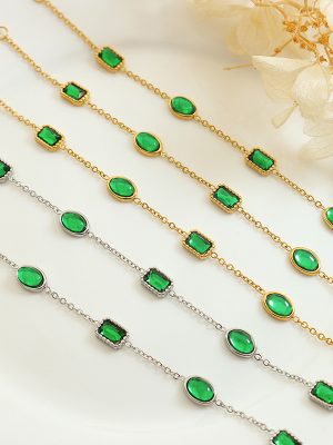 Design Court Accessories TikTok Same Bracelet Emerald Zircon Inlaid Gold-Plated Stainless Steel Bracelet