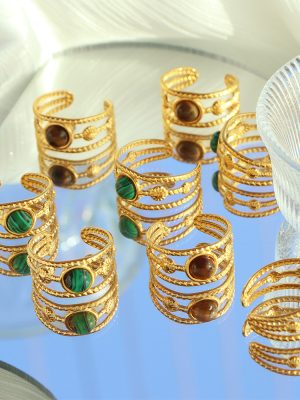 Artistic Tigereye Turquoise Design Retro Hollow Ring Stainless Steel Opening