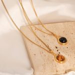 New Simple Personalized All-Match Stainless Steel Gold Plated Natural Tigereye Pendant Necklace Ornament Women