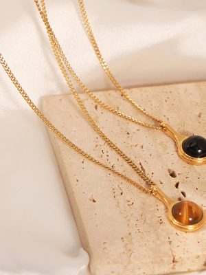 New Simple Personalized All-Match Stainless Steel Gold Plated Natural Tigereye Pendant Necklace Ornament Women