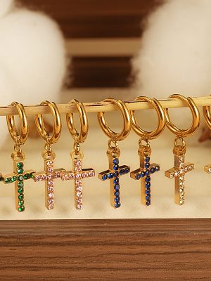 Vacuum Vapor Plating 18K Gold Cross Earrings for Women Jeweled Earrings Ear Rings