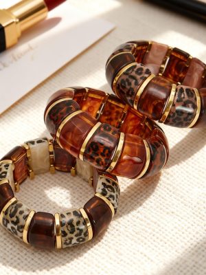 Leopard Print Resin Stainless Steel Elastic Bracelet Plated 18K Real Gold Exaggerated Bracelet for Women