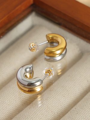 French Style New Simple Design Advanced Geometric Stainless Steel Gold-Plated Personalized Double-Layer Earrings Female Accessories