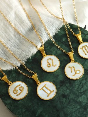 New French Style Retro Elegant 12 Constellation White Sea Shell Pendant Stainless Steel Necklace Female Accessories