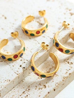 Egyptian Pharaoh Retro Personality C- Shaped Enamel Earrings Stainless Steel 18K Gold Plating Stud Earrings Ornament